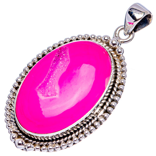Pink druzy oval agate pendant bezel with beaded sterling silver surround and bail