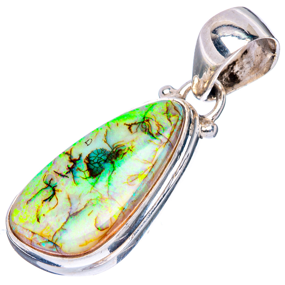 Sterling silver oval opal pendant, large green/yellow cabochon with bail, side view