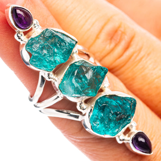 Sterling silver ring with three teal rough stones and purple amethyst oval accents