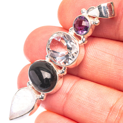 White Quartz, Black Onyx, Rainbow Moonstone, Amethyst Pendant 2 1/8" (.925 Sterling Silver)