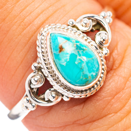 Turquoise cabochon ring in .925 sterling silver, ornate bezel and scrollwork