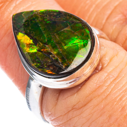 Sterling silver teardrop ammolite ring, green and yellow iridescent stone
