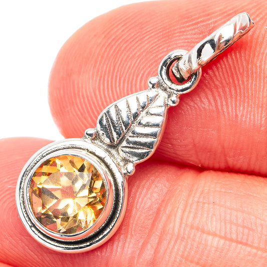 Dainty citrine pendant in .925 sterling silver, round amber gemstone with leaf prongs