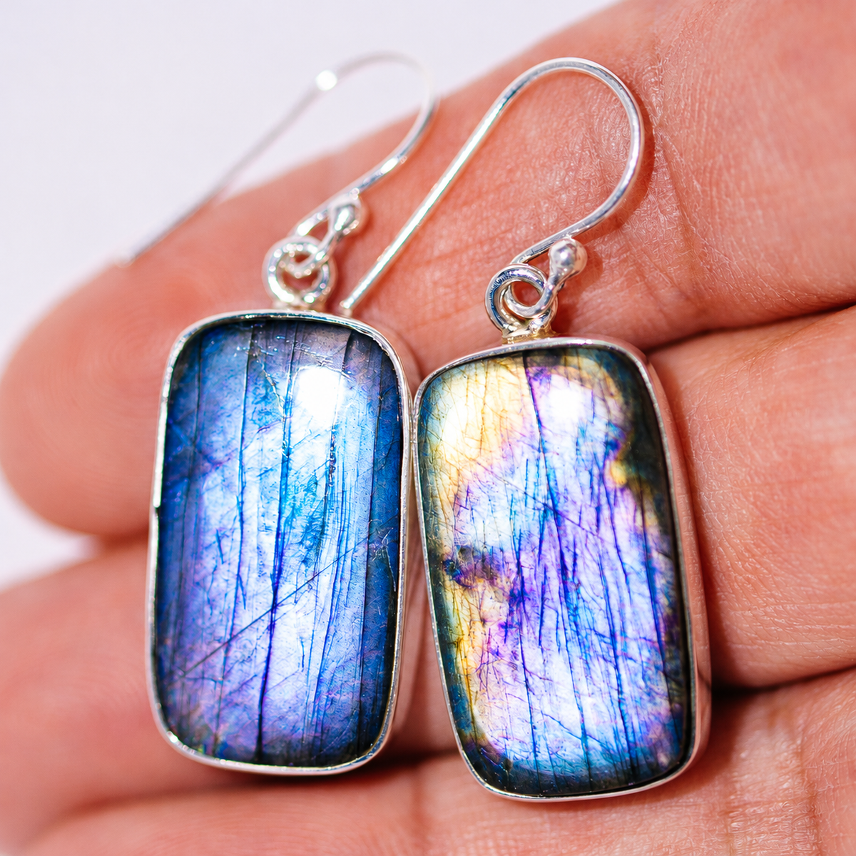 Premium Spectrolite Earrings 1 5/8" (.925 Sterling Silver)