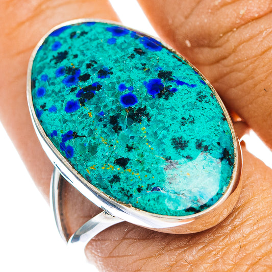 Sterling silver oval azurite ring with vivid blue-green stone, detailed bezel