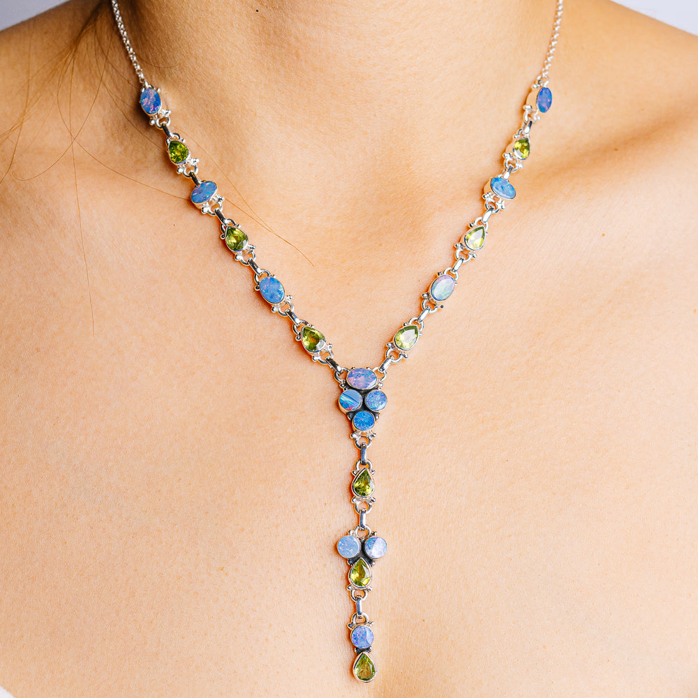 Doublet Opal, Peridot Necklace 18 to 20" (.925 Sterling Silver)