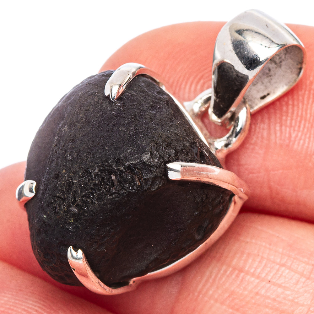 Raw Cintamani pendant in 925 sterling silver, dark rough stone with hinged bail