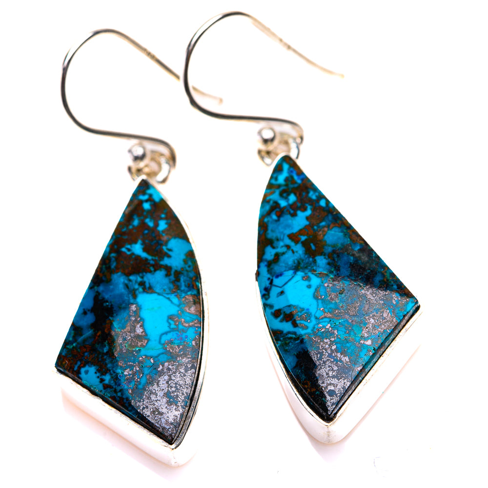 Shattuckite earrings, faceted triangular blue stone drops on 925 sterling silver hooks
