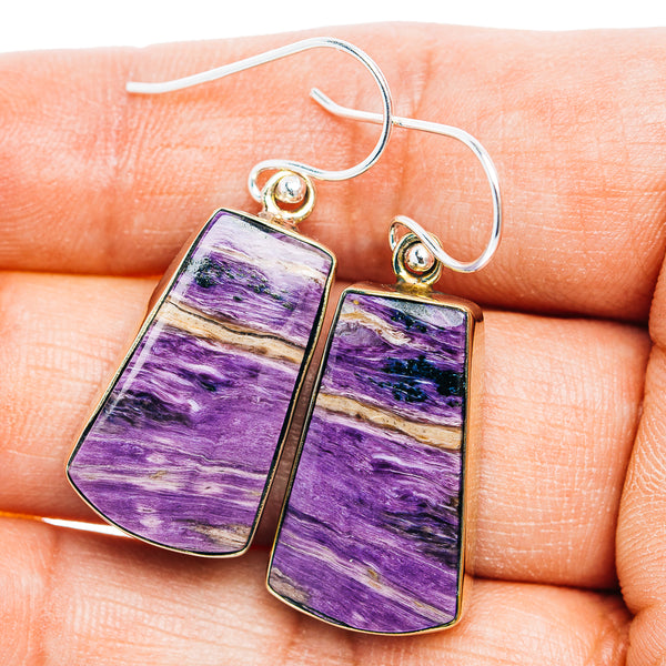 Purple rectangular charoite-style earrings with gold caps and silver hoop hooks