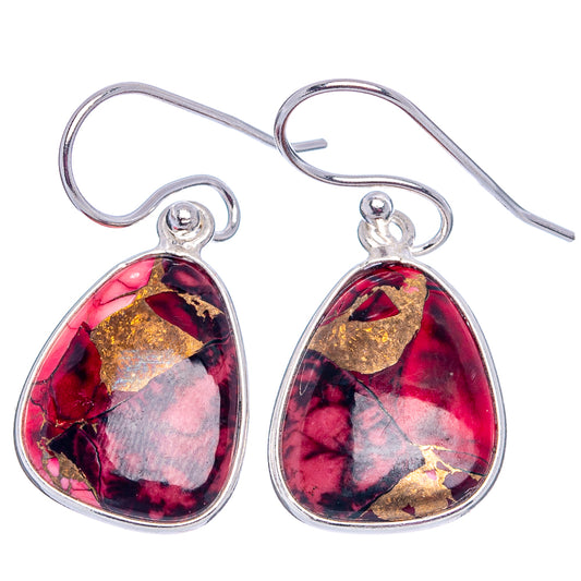 Sterling silver teardrop earrings with red-pink mosaic and gold flecks, French hooks