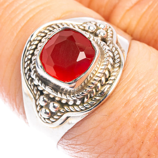 Red onyx ring in .925 sterling silver, ornate bezel with faceted red gemstone