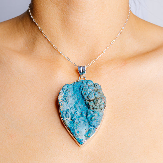 Sterling silver necklace pendant with blue chrysocolla teardrop stone