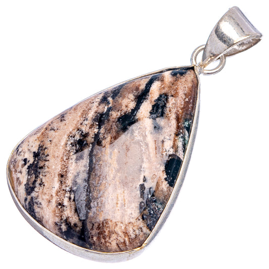 Silver-plated teardrop dendrite pendant with speckled black, tan, and gray stone
