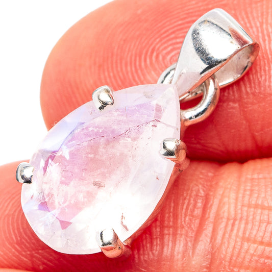 Faceted pear moonstone pendant with prong settings and rainbow flashes on bail