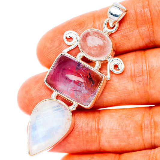 Premium Multi-Gem Rainbow Moonstone, Amethyst, Rose Quartz Pendant 2 1/4" (.925 Sterling Silver)
