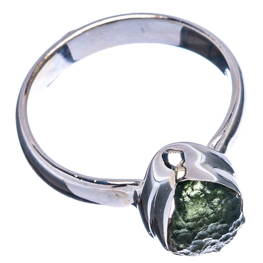 Silver ring with green moldavite teardrop stone, side view of band and setting