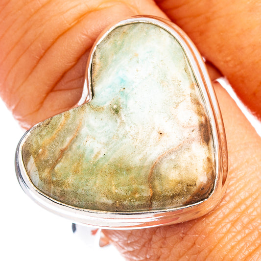 Heart-shaped aragonite ring in sterling silver, green-blue stone with veining