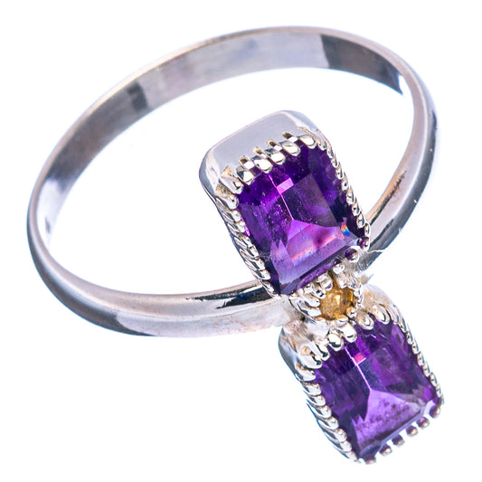 Sterling silver ring with two purple amethyst rectangles and a small round yellow stone