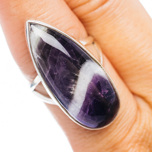 Sterling silver amethyst teardrop ring, size 8, close-up on purple gemstone