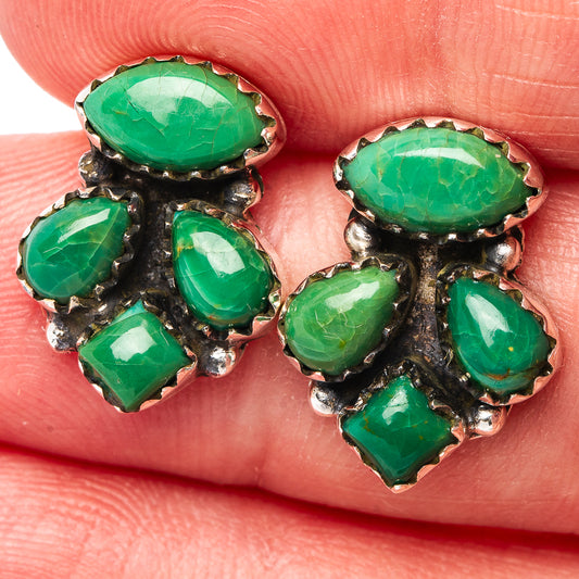 Green turquoise cluster earrings, close-up of oval stones in antique silver setting