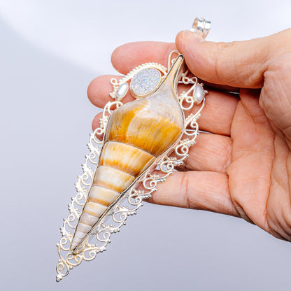Gigantic Arabian Tibia Curta Conch Seashell, Angel Aura Druzy, Cultured Pearl Pendant 5" (.925 Sterling Silver)