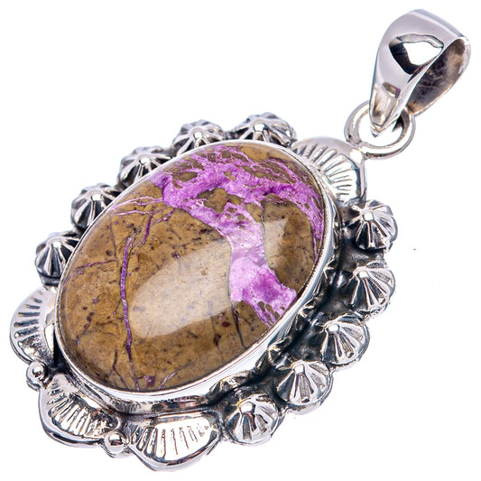 Oval purpurite pendant with sterling silver bail, ornate bezel, and purple cabochon