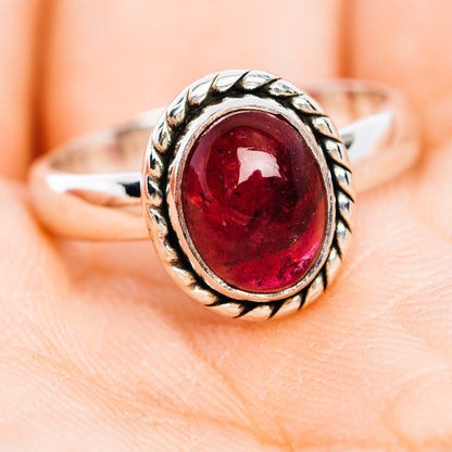 Pink tourmaline oval cabochon ring in .925 sterling silver with decorative rope band