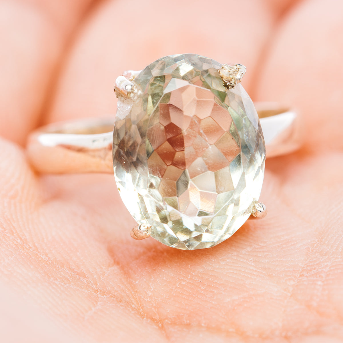 Faceted Prasiolite Ring Size 8.75 (.925 Sterling Silver)
