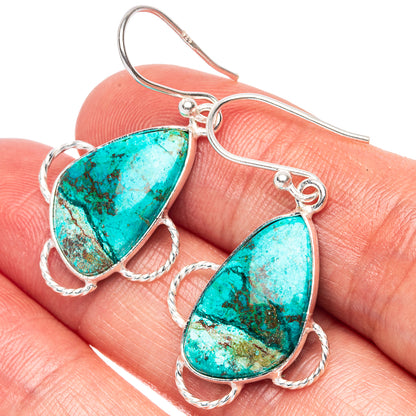 Sterling silver teardrop earrings with blue-green chrysocolla stones and rope border