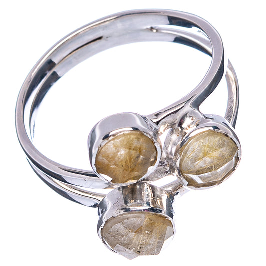 Sterling silver rutilated quartz ring with three bezel-set round cabochons, gold shimmer