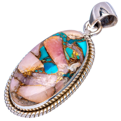 Sterling silver oval opal pendant with turquoise and pink stone inlay, rope bezel