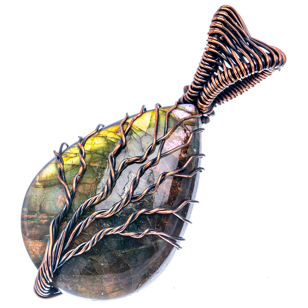Oxidized copper wire tree pendant with labradorite teardrop stone, side view