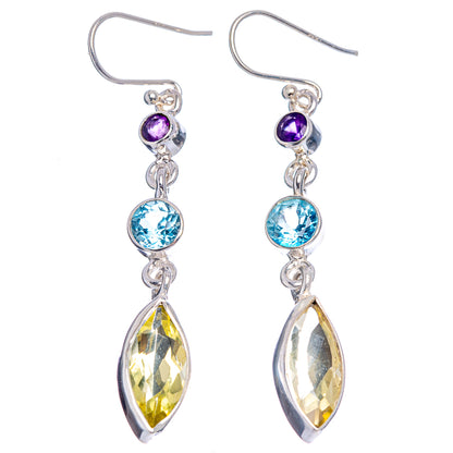 Sterling silver drop earrings: purple, blue, and yellow faceted gemstone drops