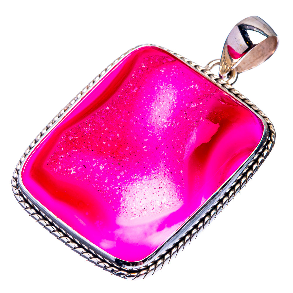 Druzy pink agate pendant with rope-edge sterling silver frame and bail