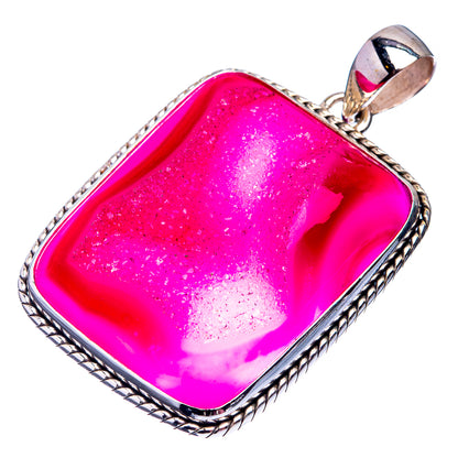 Druzy pink agate pendant with rope-edge sterling silver frame and bail