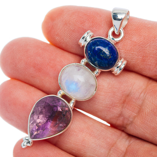 Premium Rainbow Moonstone, Amethyst, Lapis Lazuli Pendant 2 1/8" (.925 Sterling Silver)