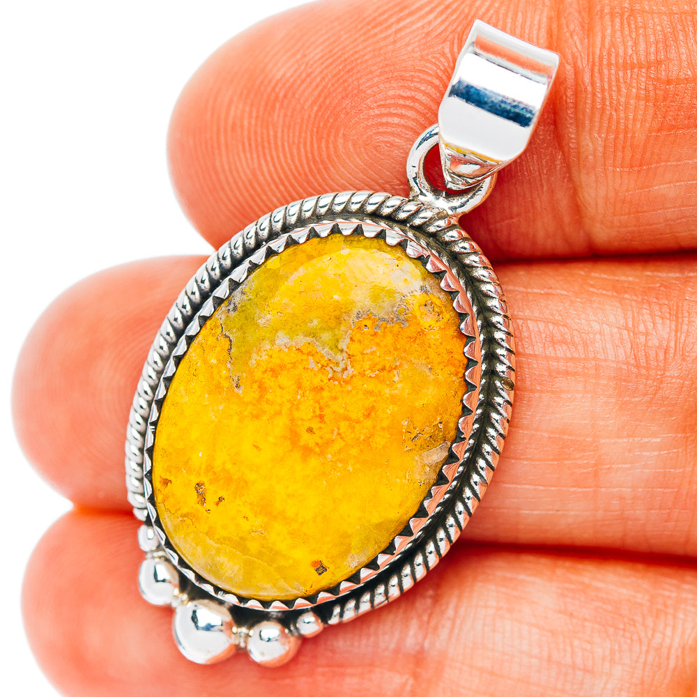 Bumblebee jasper pendant in .925 sterling silver, round yellow stone bezel with bail