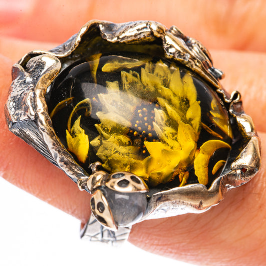Amber Intaglio Sunflower Ladybug Ring Size 5 Adjustable (925 Sterling Silver) R3820