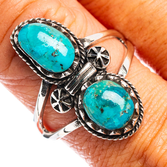 Sterling silver turquoise ring with two oval settings and rope bezels, size 9.5