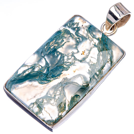 Sterling silver moss agate pendant, rectangular frame with teal/green marbled artwork