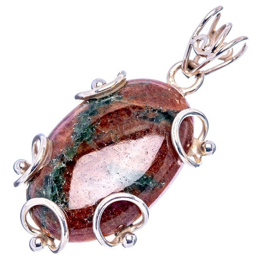 Grass garnet pendant, oval red stone with green veining in .925 sterling silver setting