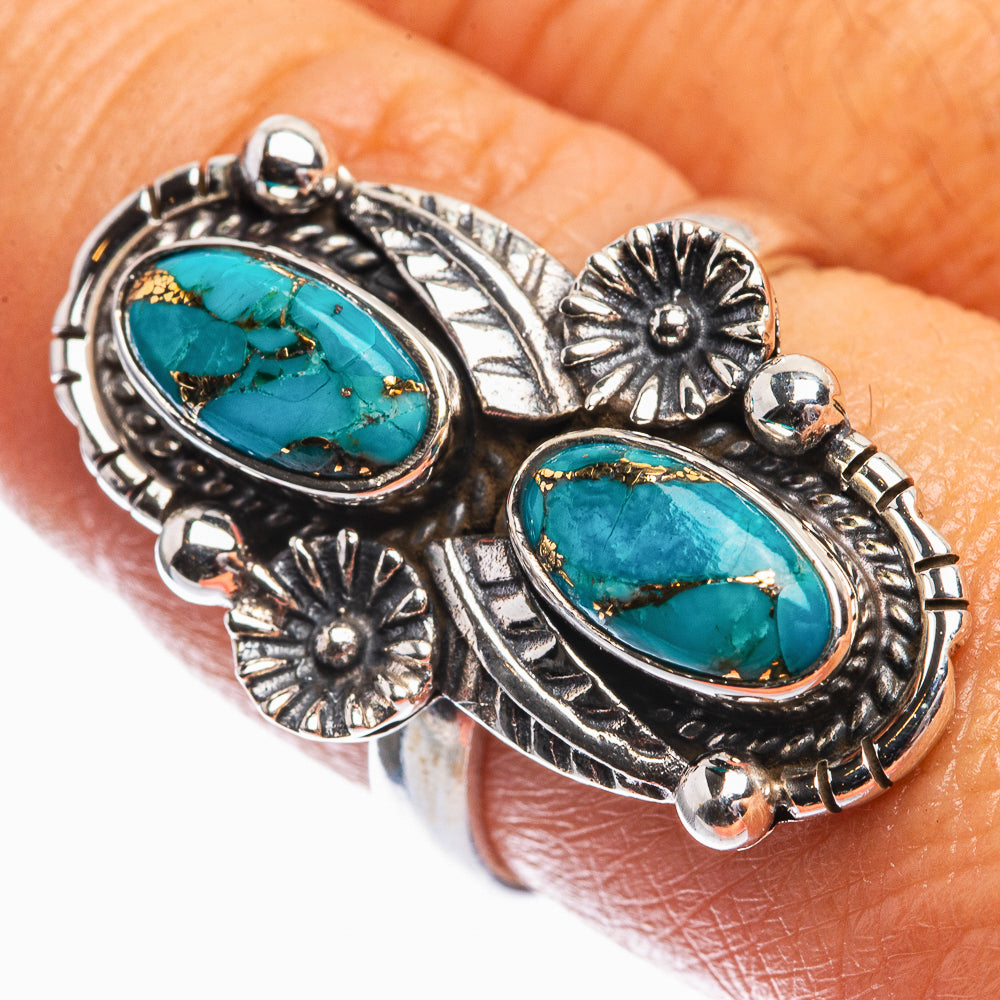Silver turquoise oval double-stone ring with ornate rope and flower details