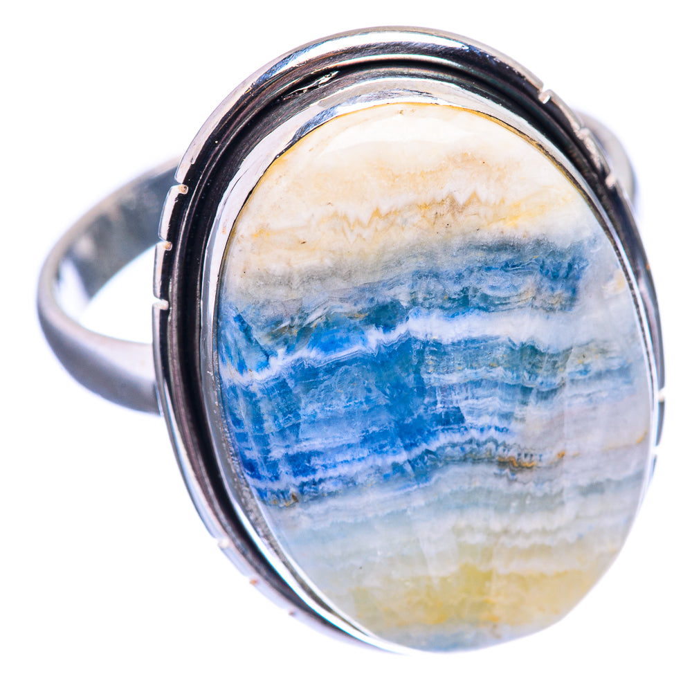 Blue-and-white scheelite oval cabochon sterling silver ring, side view, size 11