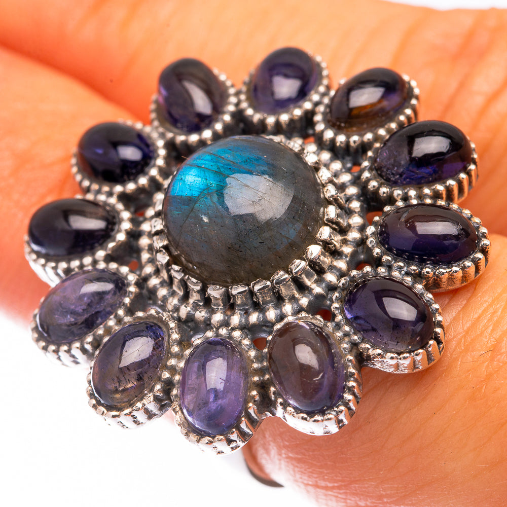 925 sterling silver ring with oval labradorite center and purple oval gemstone halo