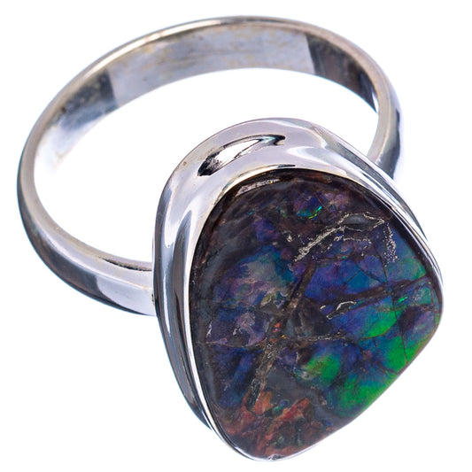 Sterling silver ring band with raised oval ammolite stone showing blue, green flashes