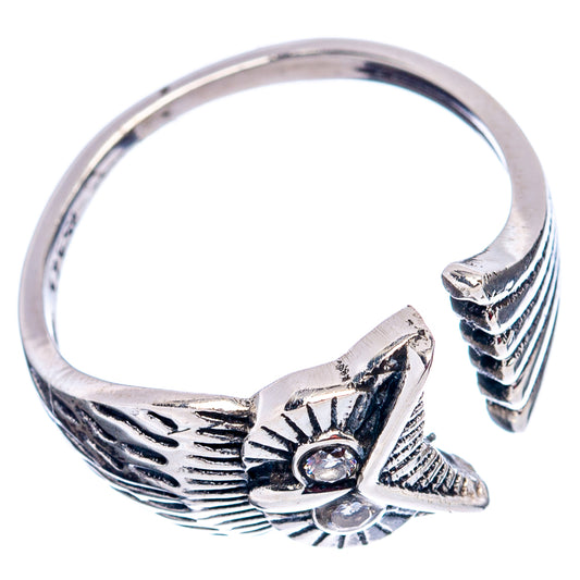 Sterling silver owl ring, side view with wing and round cubic zirconia accents