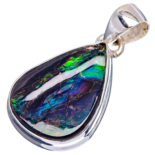 Sterling silver teardrop ammolite pendant with rainbow iridescent center and bail