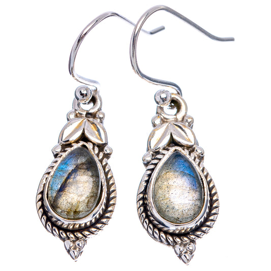 Sterling silver labradorite drop earrings with teardrop blue stone and ornate frame
