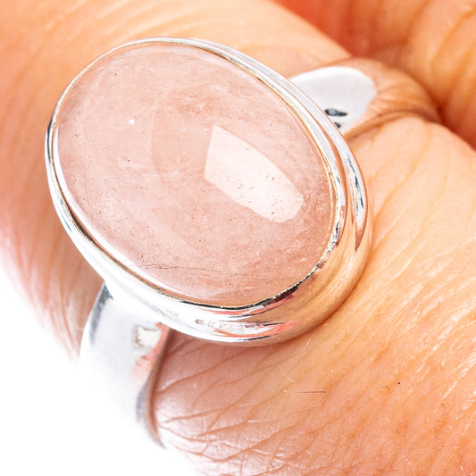 Sterling silver ring with round pink rose quartz cabochon, size 7.25