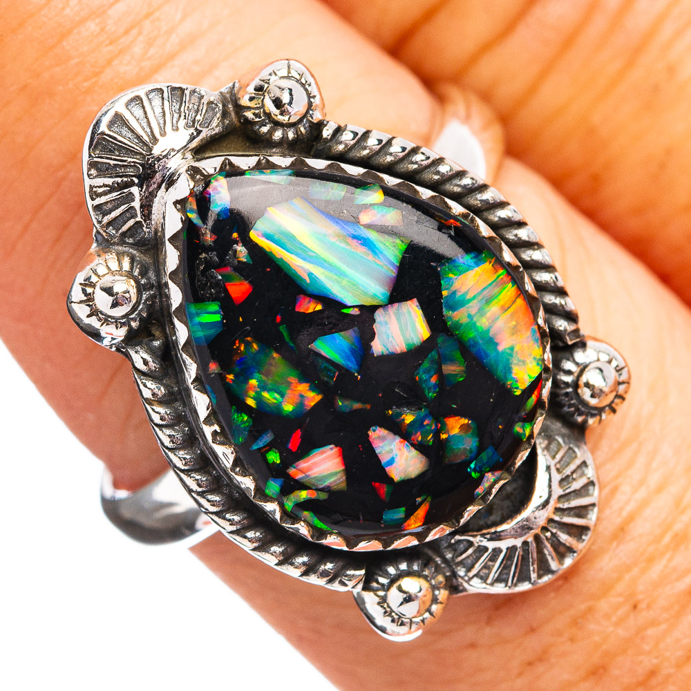 Southwestern Style Mosaic Opal Ring Size 8 Adjustable (.925 Sterling Silver)